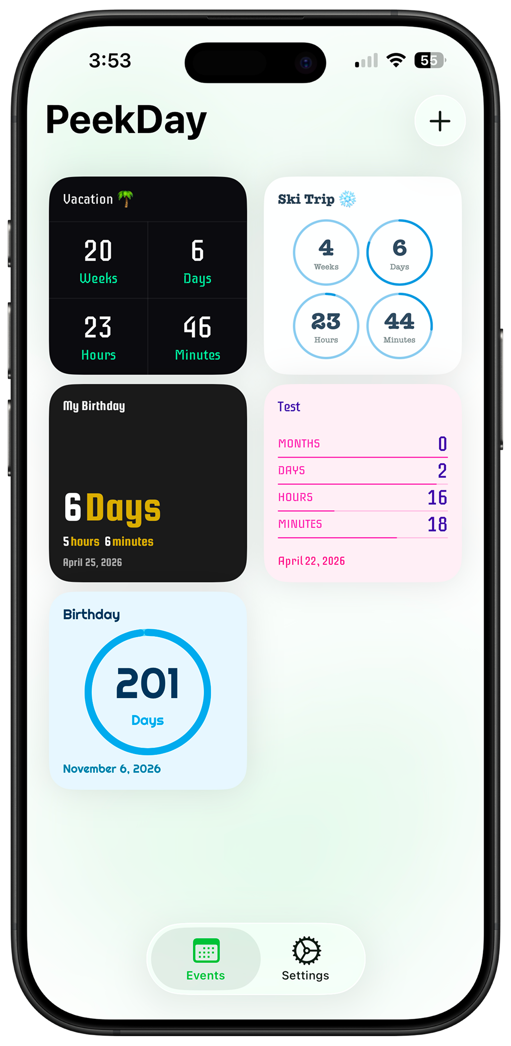 PeekDay app home screen